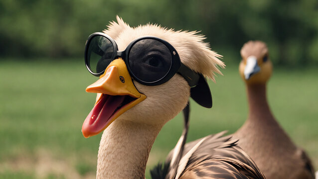 funny crazy smiling duck wearing black sunglasses posing in frot of trees and other duck in blurry background ready for summer, generative AI