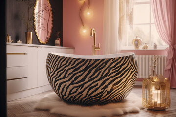 Modern glamour bathroom. Luxury interior design with pink, golden, black colors and animal zebra texture. Super photo realistic background, generative ai illustration