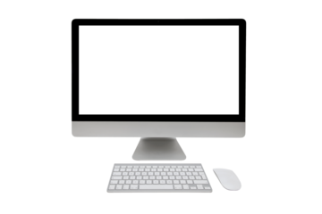 Desktop computer with wireless keyboard and mouse on transparent background