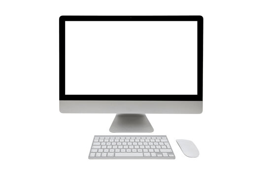 Desktop computer with wireless keyboard and mouse on transparent background