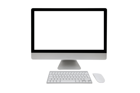 Desktop computer with wireless keyboard and mouse on transparent background