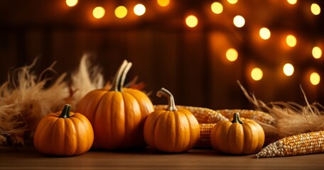Thanksgiving day with pumpkins and corn cobs on wooden table, holiday lanterns, generative ai, copy space