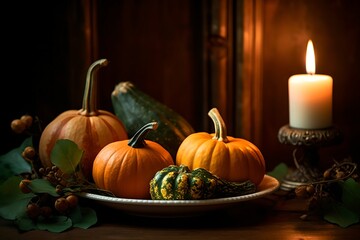 Autumn table setting, pumpkin dinner, generative ai
