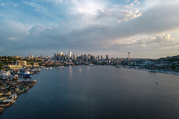 Seattle skyline at sunset from lake union