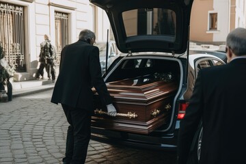 A man in a black suit and white gloves loads a coffin into a funeral car. Generative AI - obrazy, fototapety, plakaty