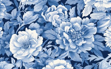 Vintage floral seamless pattern in blue and white. Created with Generative AI tools