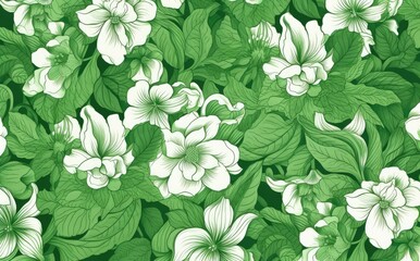 Seamless pattern with white flowers and green leaves. Created with Generative AI tools