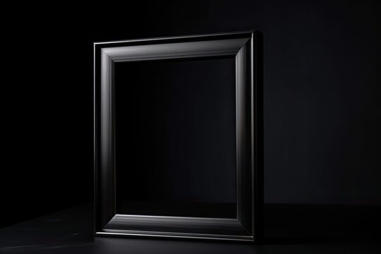 Black memorial square frame with blank space for portrait or text isolated on black background. Funeral ceremony mockup and condolence card. Generative AI