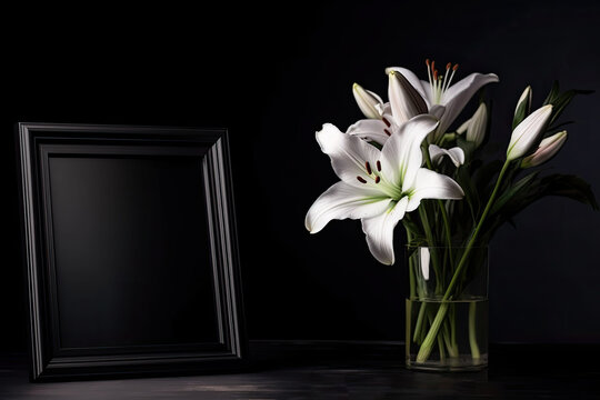 Funeral black photo frame with a bouquet of white lilies on a dark table on a black background. Space for design. Generative AI