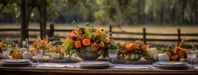 Autumn themed outdoor dinner, banquet, generative ai, Thanksgiving eve