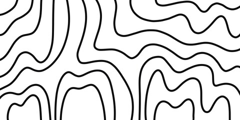 Monochrome pattern of curved lines with a variety of abstract shapes. Background drawn with ink and marker in hand drawn doodle style. Abstract topology drawing.