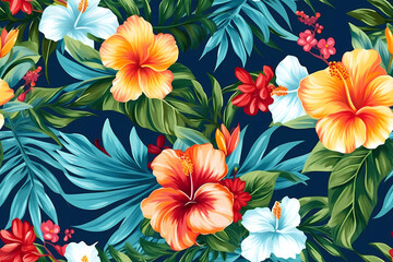 Hawaiian floral pattern, colorful Hawaii flowers design, Generative AI