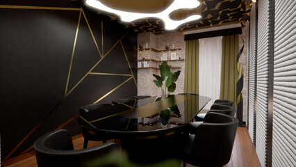 Blackout: A Modern Conference Room Design with Black Walls and Bold Accents