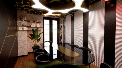 Blackout: A Modern Conference Room Design with Black Walls and Bold Accents