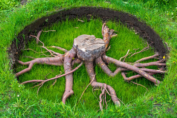 This is what the roots of an apple tree look like underground with new grass growing between the roots. The roots are cleared of soil for removal with chainsaw. - 602146025