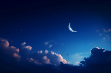 Fototapeta na wymiar sky, moon, holy night, islamic night and silhouette mosque, panaromic islamic wallpaper