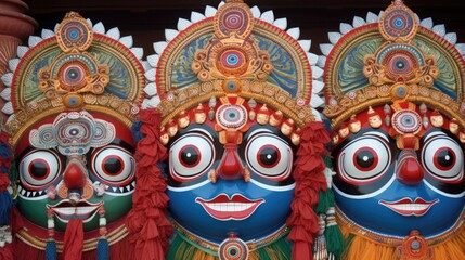 Obraz premium Lord Jagannath, Balabhadra and Subhadra on annual Rathayatra Illustration AI Generative.