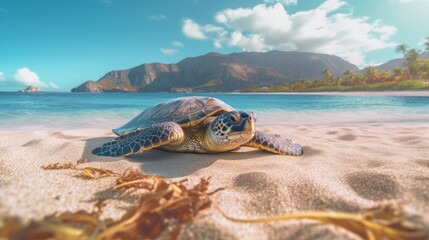 Sea turtle crawling on the sandy beach. Illustration AI Generative.