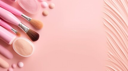 Makeup products on pink background. Illustration AI Generative.