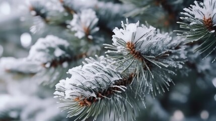 Closeup of Christmas pine tree with snow, Illustration AI Generative.