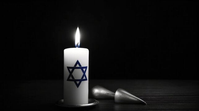 Burning candle and flag of Israel. Holocaust memory day. Illustration AI Generative.