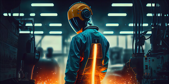 A robotic man with a bike style helmet in an industrial work place - Generative AI Content