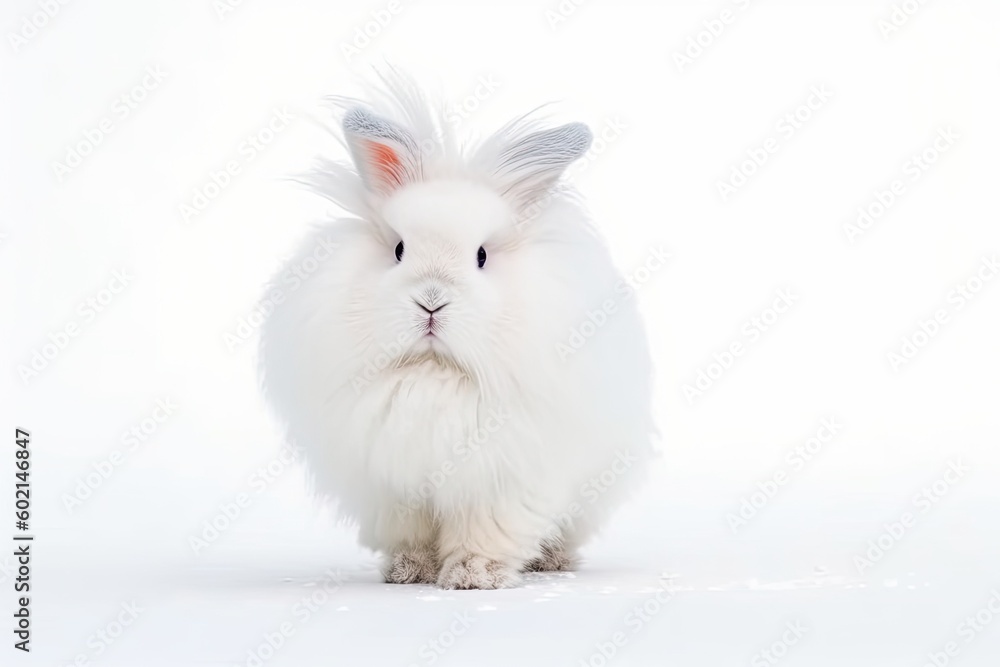 Poster fluffy white rabbit sitting on a blank background generative ai