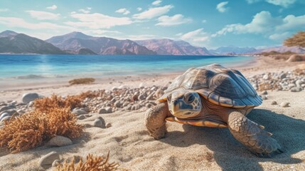 Fototapeta na wymiar Sea turtle crawling on the sandy beach. Summer, blue sky.. Illustration AI Generative.
