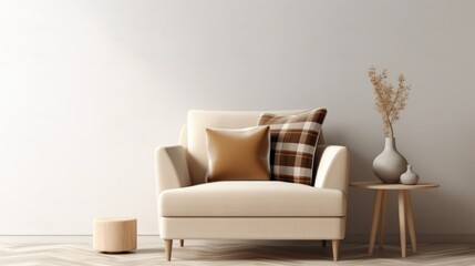 Fototapeta na wymiar Living room mockup or setup with beige soft chair. Illustration AI Generative