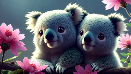 Two baby koalas in pink flowers. Art in a kawaii style. The softness and joy of the gray furry creature is captured in colorful detail. Charming mascot with playful eyes. High resolution and detail