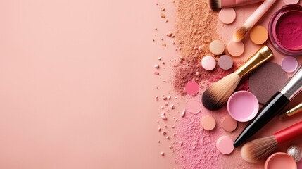Makeup products on pink background. Illustration AI Generative.