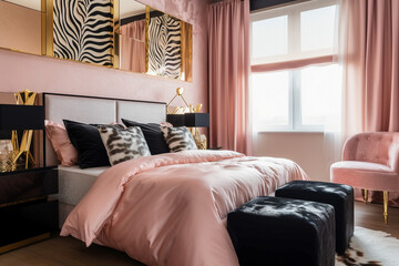 Modern glamour bedroom. Luxury interior design with pink, golden, black colors and animal zebra texture. Super photo realistic background, generative ai illustration