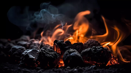 Bonfire. Glowing coals. Dark background. Generative AI technology.