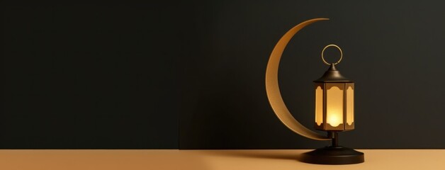 Golden black luxury lantern with the crescent and moon  Illustration AI Generative.