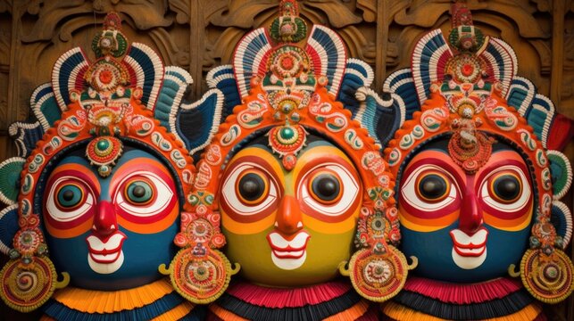 Lord Jagannath, Balabhadra and Subhadra on annual Rathayatra Illustration AI Generative.