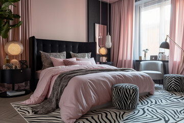 Modern glamour bedroom. Luxury interior design with pink, golden, black colors and animal zebra texture. Super photo realistic background, generative ai illustration