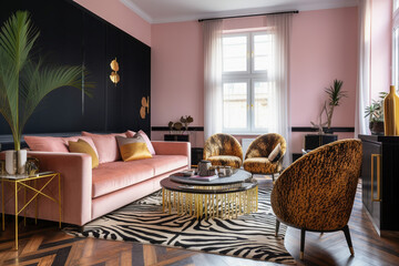 Modern glamour living room. Luxury interior design with pink, golden, black colors and animal zebra texture. Super photo realistic background, generative ai illustration