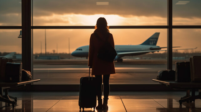 Woman from behind standing with Suitcase at the airport at sunset