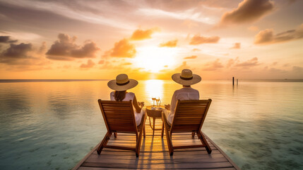 Fototapeta na wymiar Couple in straw hats in deck chairs watching the sunset