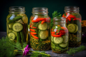 Fototapeta na wymiar Pickled cucumbers in glass jars 
