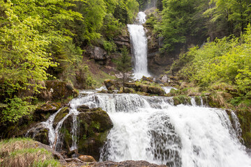 Waterfalls Giessbach in the Bernese Oberland, Switzerland. Giessbach waterfall flow to lake Brienz in Interlaken Switzerland. Giessbach Falls on Lake Brienz in the Bernese Oberland in Switzerland