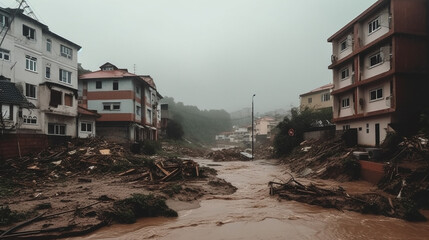 Fototapeta na wymiar Town after a hurricane. Heavy rain and wind destruction