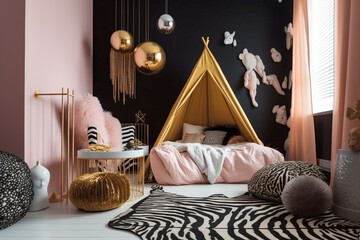 Modern glamour childrens room. Luxury interior design with pink, golden, black colors and animal zebra texture. Super photo realistic background, generative ai illustration