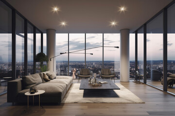 Fototapeta premium Penthouse Living Room Luxury Apartment with Skyline City View