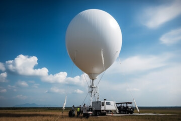 Meteorological probe drone on white balloon, weather balloon ready for takeoff