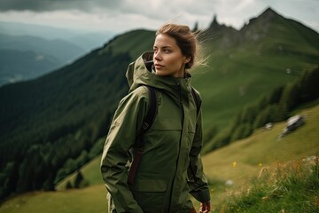 Naklejka premium Female hiker walking in the mountains, aiming to reach the summit - generative ai
