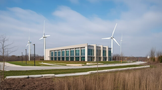 modern building with wind turbines in the background