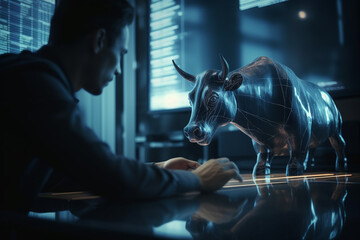 Finance trade manager analysing stock market indicator, bull market statue