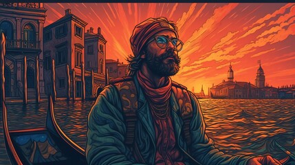 Fototapeta premium Portrait of a tourist taking a gondola ride in Venice. Fantasy concept , Illustration painting. Generative AI