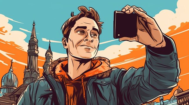 Portrait of a tourist taking a selfie in front of a famous landmark. Fantasy concept , Illustration painting. Generative AI